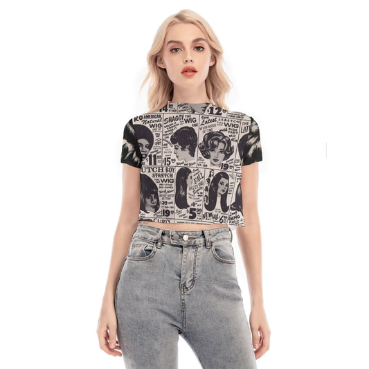 Vintage Newspaper Frilly Mesh Crop Top